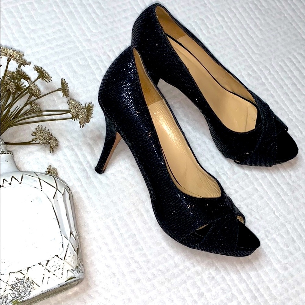Kate Spade Billie Peep Toe Black Sparkle Pumps, Size 5.5